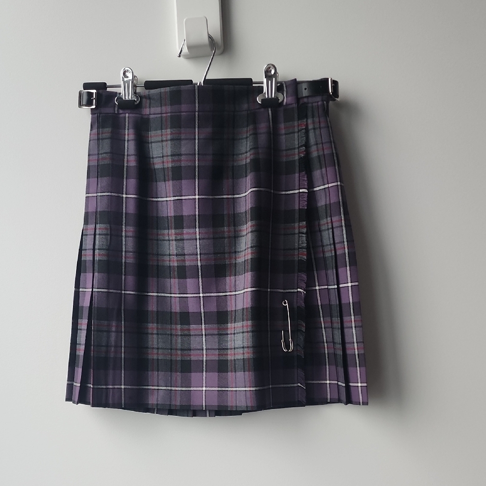 James Pringle Weavers Wool Blend Pleated Plaid Wrap Mini Skirt